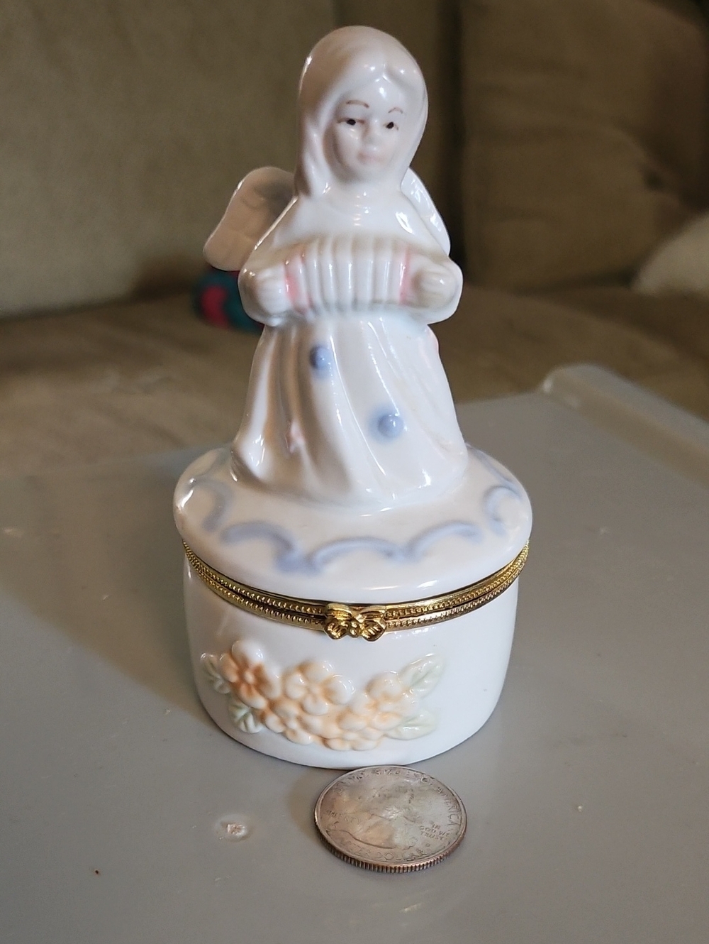 Porcelain Angel Trinket Box with Blue and Peach Accents